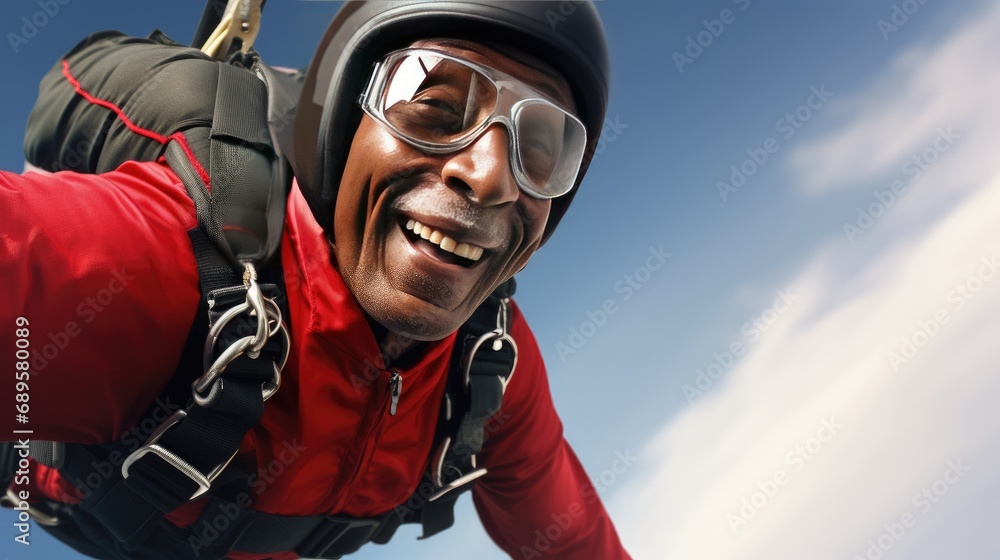 Senior man is parachuting, jumping with a parachute Senior man is parachuting, jumping with a parachute