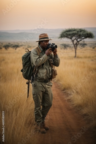 A photographer or videographer shoots wildlife Safari  Africa on camera.