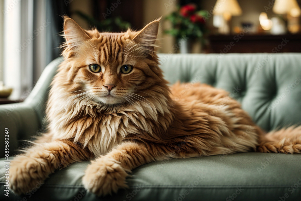 Red domestic cat lying on the sofa in the living room