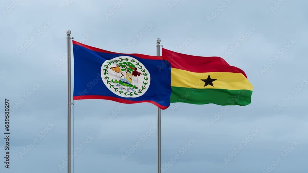 Ghana flag and Belize flag waving together on cloudy sky, endless seamless loop, two country relations concept Ghana flag and Belize flag waving together on cloudy sky, endless seamless loop, two country relations concept