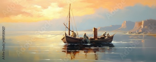 Fisherman, ships, boat, sea landscape, oil paintings, Generative AI photo
