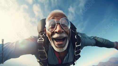 Senior man is parachuting, jumping with a parachute photo