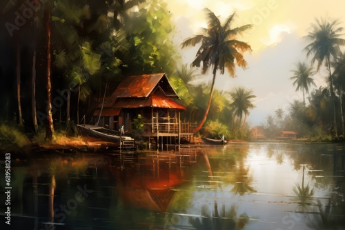 A stunning watercolor painting capturing the beauty of a natural landscape, a riverside house with coconut trees