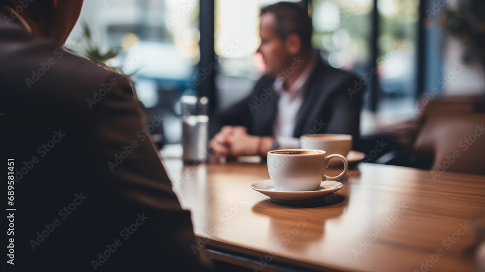 A creative angle of the Head of Revenue Operations discussing plans over coffee, Head of Revenue Operations, blurred background, with copy space