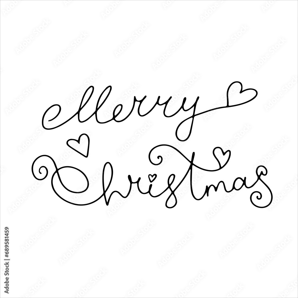 Vector inscription. Merry Christmas. Congratulatory lettering in italics with hearts. Linear text