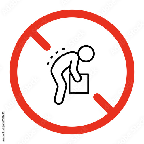 Prohibited posture for lift box, no ergonomic work of person, line icon. Lifting weight with incorrect posture. Unsafe weight lifting. Vector sign