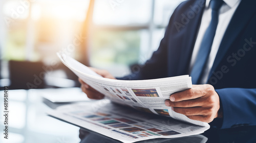 The Head of Revenue Operations reviewing a financial newspaper, staying informed, Head of Revenue Operations, blurred background, with copy space