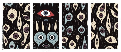 Seamless patterns set with strange surreal creatures with eyes, Generative AI photo