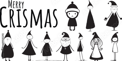 Vector Santa Claus collection. Set of cartoon funny Santa, Black and White. Chrismas collection of Santa Claus figures.