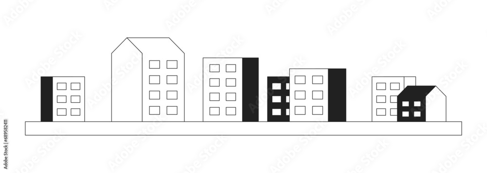 Apartment complex black and white 2D cartoon object. Residential area. Block of flats isolated vector outline item. Condominium city. High rise buildings urban monochromatic flat spot illustration