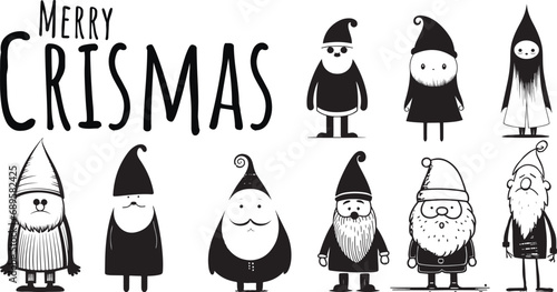 Vector Santa Claus collection. Set of cartoon funny Santa, Black and White. Chrismas collection of Santa Claus figures.