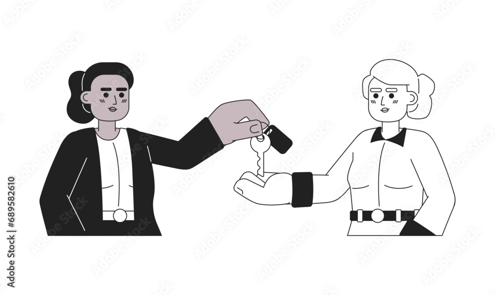 Realtor buyer key handover process black and white 2D cartoon characters. Black female realty agent, caucasian client isolated vector outline people. Homeowner monochromatic flat spot illustration Realtor buyer key handover process black and white 2D cartoon characters. Black female realty agent, caucasian client isolated vector outline people. Homeowner monochromatic flat spot illustration