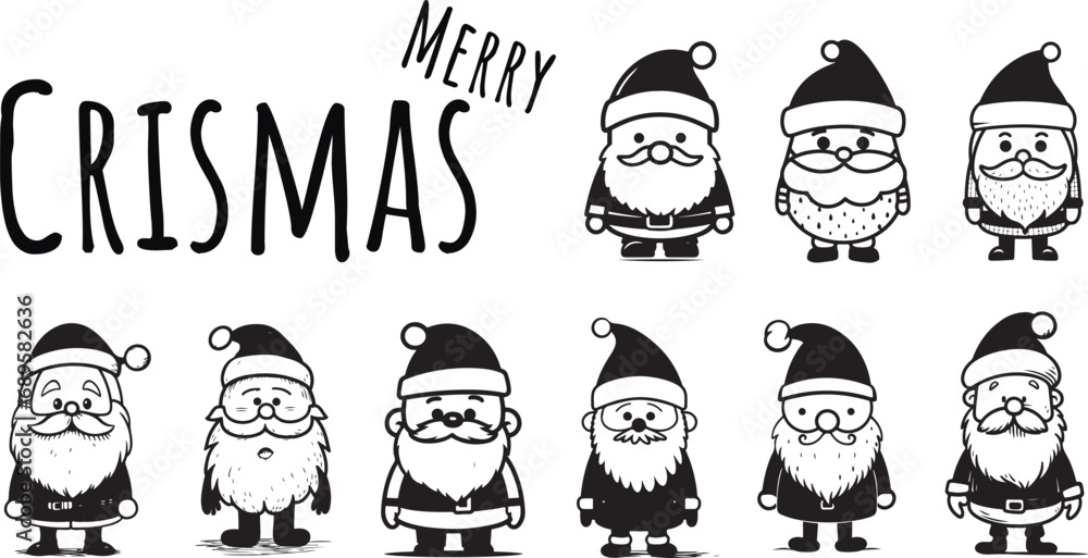 Vector Santa Claus collection. Set of cartoon funny Santa, Black and White. Chrismas collection of Santa Claus figures. Vector Santa Claus collection. Set of cartoon funny Santa, Black and White. Chrismas collection of Santa Claus figures.