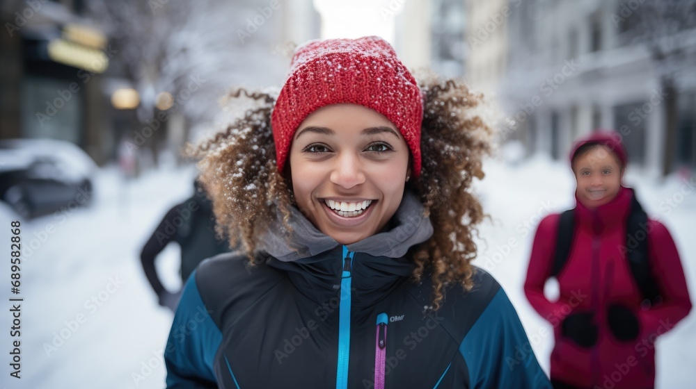 Group of people is jogging outside in the snow Group of people is jogging outside in the snow
