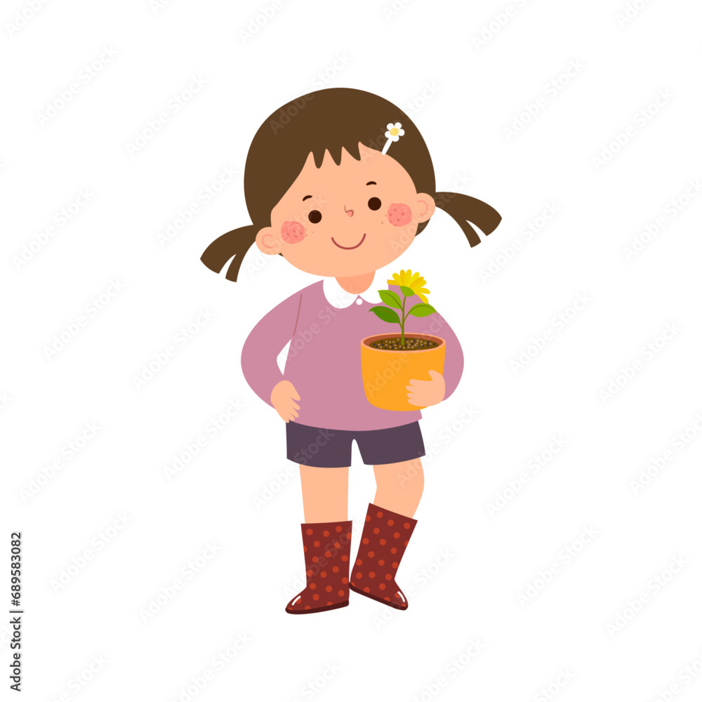 Cartoon little girl holding flower pot Cartoon little girl holding flower pot