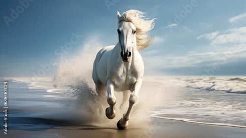 Majestic white horse running along shoreline