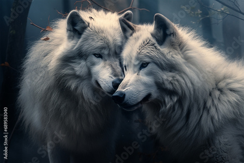 a pair of wolves are hugging photo