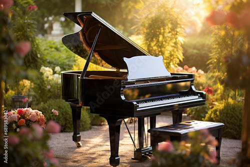 Grand piano amidst blooming garden during sunset