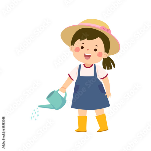 Cartoon little girl holding watering can pouring water