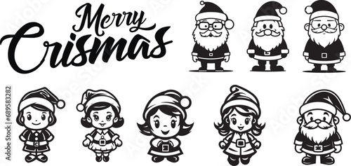 Vector Santa Claus collection. Set of cartoon funny Santa, Black and White. Chrismas collection of Santa Claus figures.
