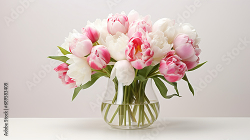 Beautiful bouquet of white peonies and pink tulips