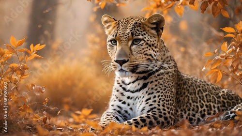 portrait of a leopard resting in autumn forest,Animal wildlife  © monu