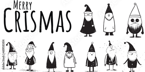 Vector Santa Claus collection. Set of cartoon funny Santa, Black and White. Chrismas collection of Santa Claus figures.
