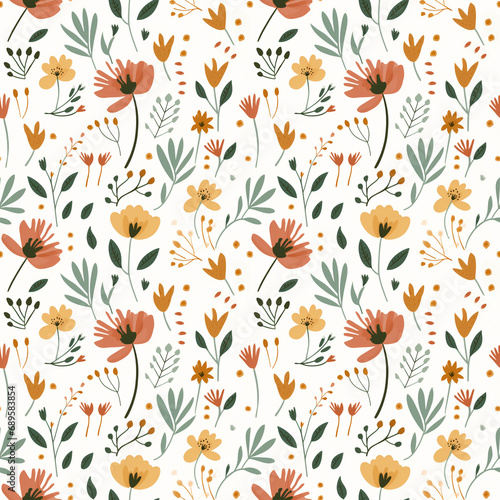 Floral seamless pattern with flatlay flowers on white background