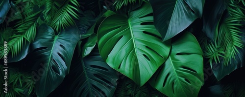 closeup tropical green leaf background. Flat lay  fresh wallpaper banner concept  Generative AI