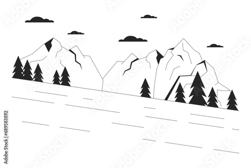 Ski slope beside mountain forest black and white cartoon flat illustration. Skiing downhill 2D lineart landscape isolated. Snow resort mountainside slalom monochrome scene vector outline image