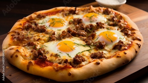 an appetizing portrayal of a chorizo and egg breakfast pizza, featuring spicy chorizo, gooey melted cheese, and perfectly cooked eggs