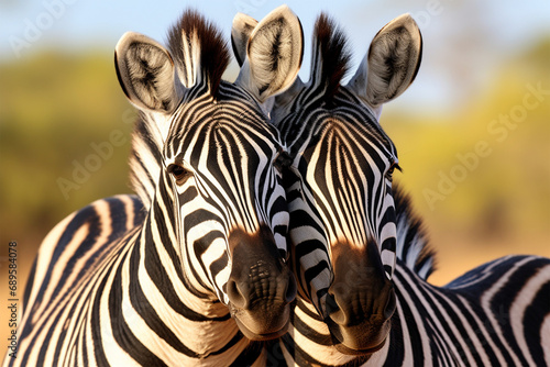 a pair of zebras hugging each other photo