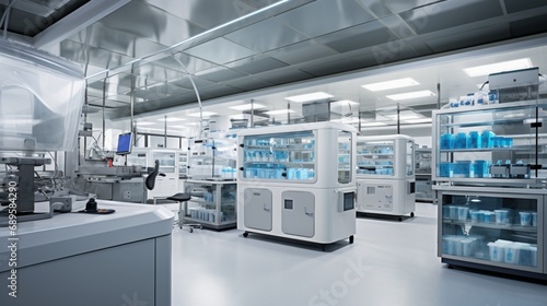 an organized scene of a hospital pharmacy automation room, featuring robotic dispensing systems, medication sorting, and advanced technology for efficient pharmaceutical services