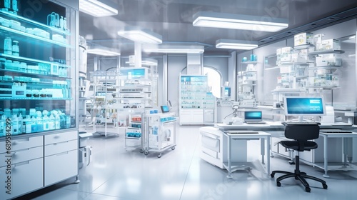 an organized scene of a hospital pharmacy automation room, featuring robotic dispensing systems, medication sorting, and advanced technology for efficient pharmaceutical services