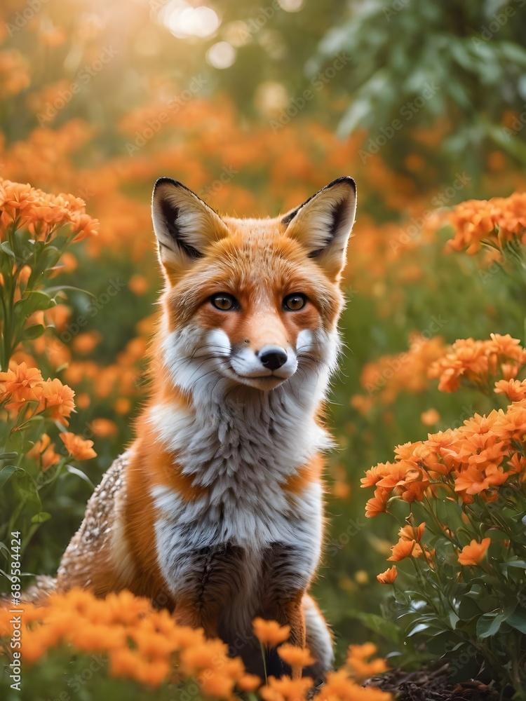 Naklejka premium portrait red fox in the flower jungle 