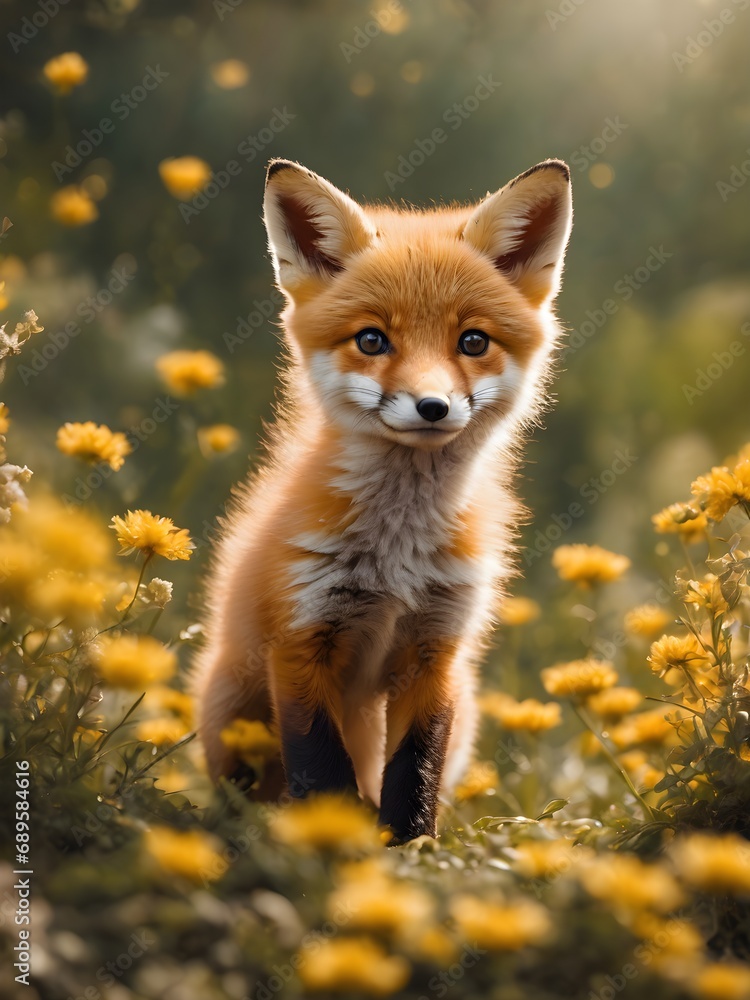 Fototapeta premium red fox cub in the flower jungle , portrait of fox baby