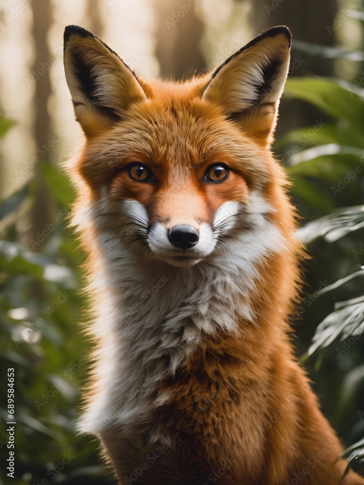 Fototapeta premium red fox portrait in fantasy jungle , beautiful box photography in the wild ,HD clear photo