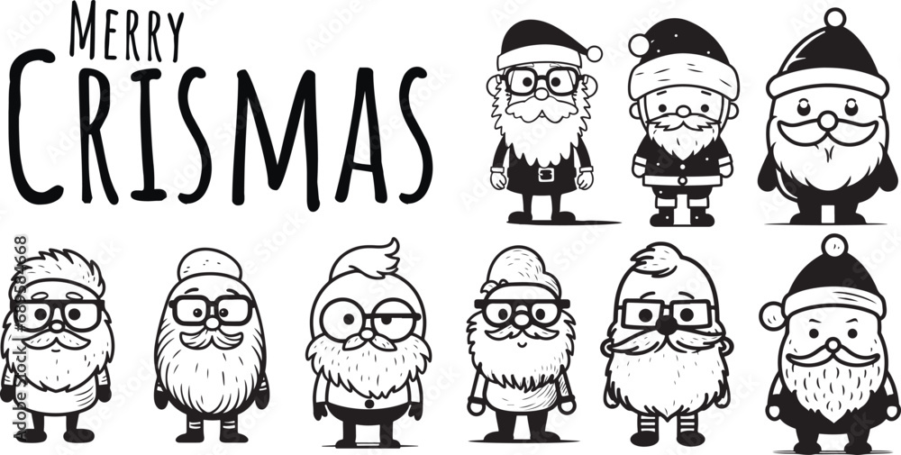 Vector Santa Claus collection. Set of cartoon funny Santa, Black and White. Chrismas collection of Santa Claus figures.