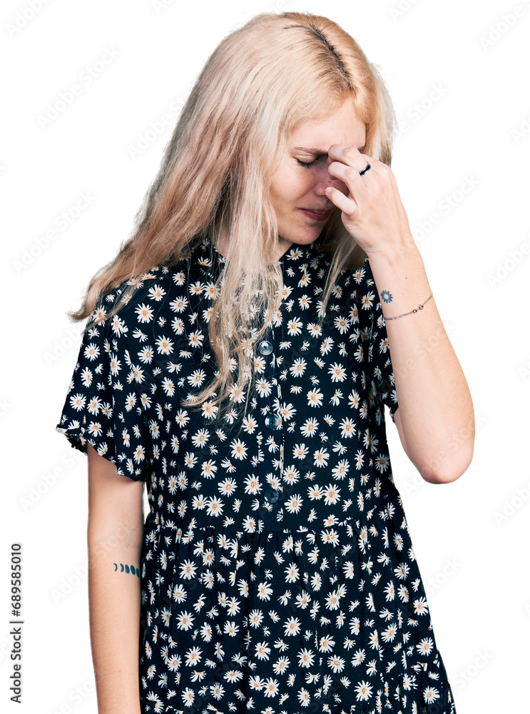 Young caucasian woman together tired rubbing nose and eyes feeling fatigue and headache. stress and frustration concept. Young caucasian woman together tired rubbing nose and eyes feeling fatigue and headache. stress and frustration concept.