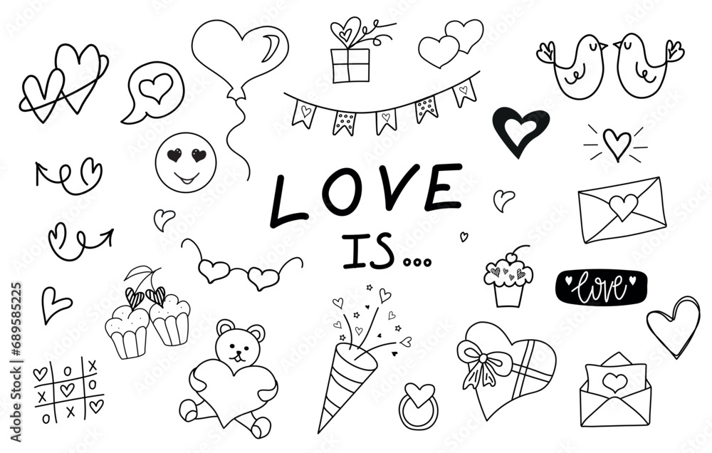 Love is... Cute valentine`s day doodle vector set. Hand drawn fashion elements. Love, latter with hearts, cake, flowers, balloon, gift boxes, smile, teddy bear, hearts. Love, romantic doodle icons.