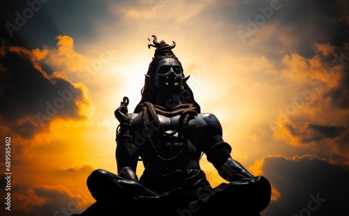 back lit statue of hindu god lord shiva in meditation posture with dramatic sky from unique angle, Generative AI