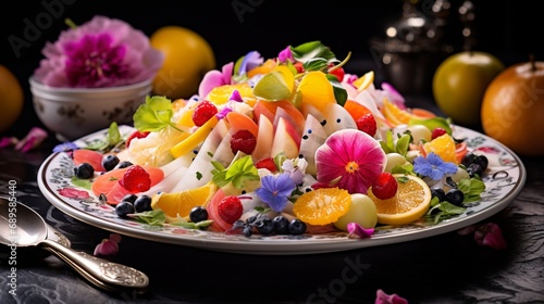 the vibrant colors and artful arrangement of a Russian fruit and vegetable salad