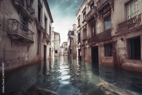 A future without humans, the effects of climate change, flooded city. Generative AI