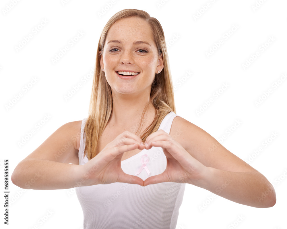 Portrait, breast cancer ribbon or happy woman heart hands, studio awareness campaign or survivor support. Emoji care icon, health sign or girl love in disease recognition movement on white background Portrait, breast cancer ribbon or happy woman heart hands, studio awareness campaign or survivor support. Emoji care icon, health sign or girl love in disease recognition movement on white background