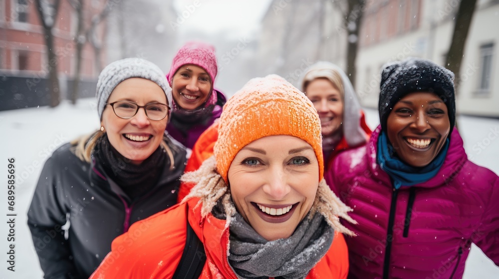 Group of people is jogging outside in the snow Group of people is jogging outside in the snow