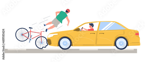 Road traffic accident with bicyclist and car driver vector illustration