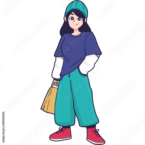 Cartoony Gen Z Girl in Oversized Clothes and Beanie Holding Hand Bag 