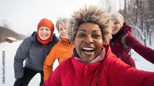 Group of people is jogging outside in the snow