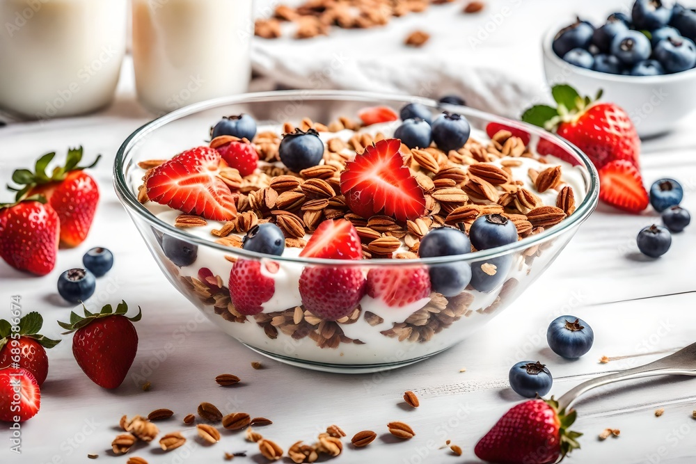 bowl with granola, yogurt, new strawberries on white table bowl with granola, yogurt, new strawberries on white table