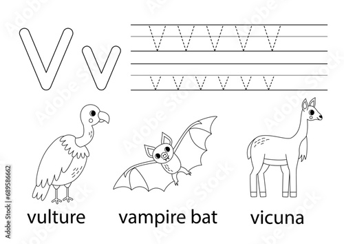 Trace uppercase and lowercase letter V. Animal alphabet for kids.